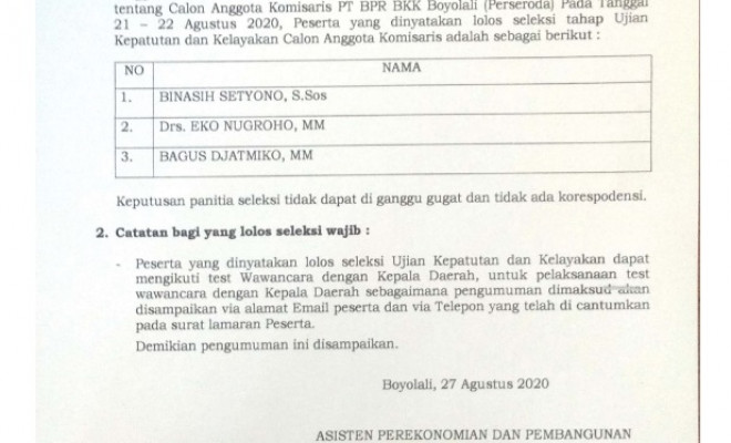 Hasil Seleksi Ujian Kepatutan Dan Kelayakan Calon Anggota Komisaris PT BPR BKK Boyolali ( PERSERODA...